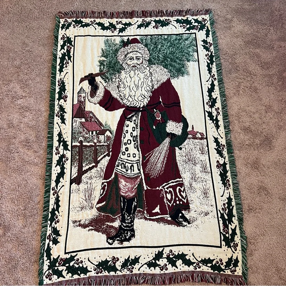 Festive Holiday Tapestry Throw blanket cover with Santa Carrying Tree 44” x 69”